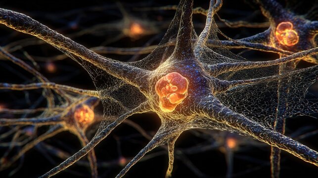 Neural Network Visualization: Detailed 3D Render of Brain Cells Communicating with Electric Impulses in the Human Brain