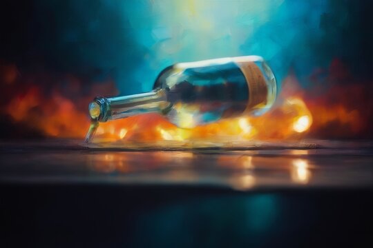 A still life painting featuring a wooden table with a glass bottle of blue liquid, a small cup, and stacked bread slices under dramatic teal lighting. The scene exudes calm elegance with rich textures