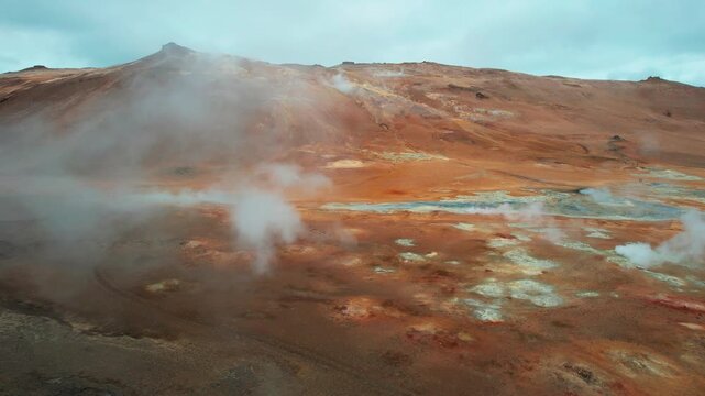 Dramatic aerial view of Hverir geothermal area in Iceland, showcasing smoking fumaroles