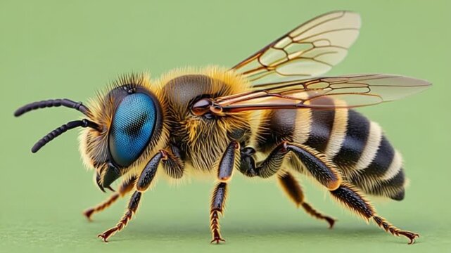 Close up view of a bee with blue eyes and striped body on a green background in detailed focus bee green screen video