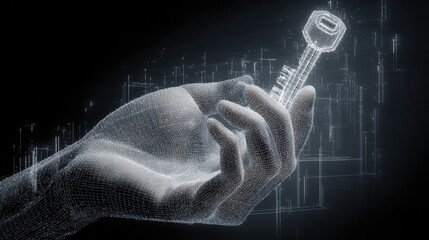 Digital Hand Holding a Key: Cyber Security, Access Control, and Technology Concept Visualization