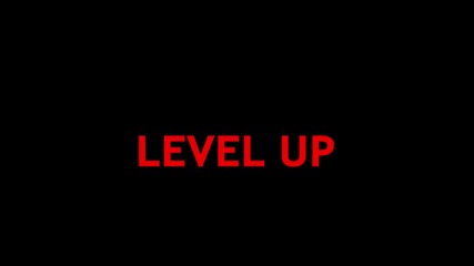 Video animation of level up title rotating in and out animation in red on a black background - seamless loop. Suitable for gaming - Powered by Adobe