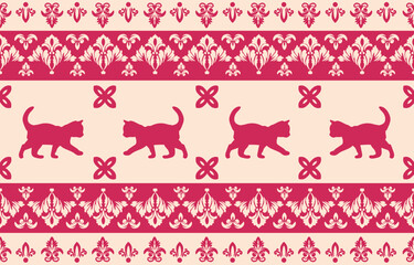 Vector seamless pattern with cat silhouettes and tribal geometric motifs. Monochrome design. Use this pattern for creating pet themed designs, textile prints, packaging, and more. Perfect for cat love