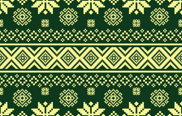 Christmas and New Year green and white seamless pattern, fairytale pixel pattern in white and green with Nordic snowflakes for winter hats, ugly sweaters, jumpers. wallpaper, paper or other design