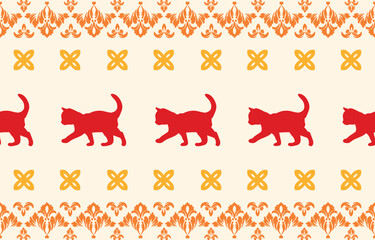 Vector seamless pattern with cat silhouettes and tribal geometric motifs. Monochrome design. Use this pattern for creating pet themed designs, textile prints, packaging, and more. Perfect for cat love