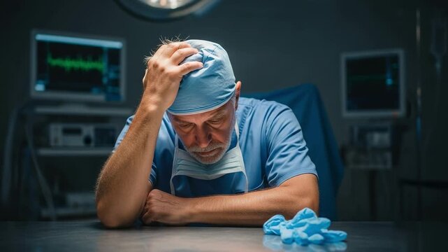 Exhausted mature male surgeon in blue scrubs and cap, head in hand, sitting at a table in a dark operating room after a long shift, feeling stressed and overwhelmed.