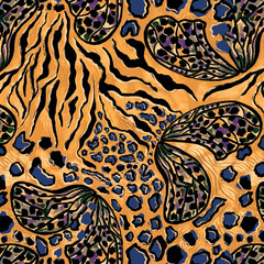 Hand drawn butterfly leopard and zebra pattern. For textile and print.