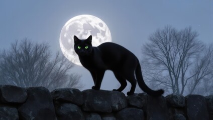 Black cat silhouette against a full moon, Halloween night.