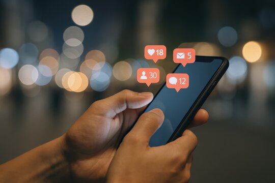 Smartphone user interacting with social media platform displaying notifications at night, depicting modern communication