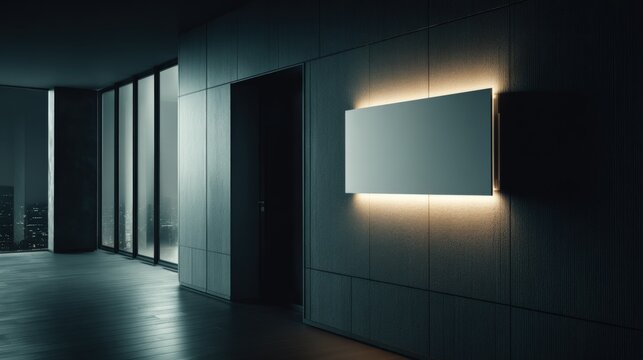 Modern Office Interior with Illuminated Signage, Dark Moody Atmosphere, Clean Architecture, and Empty Wall Space