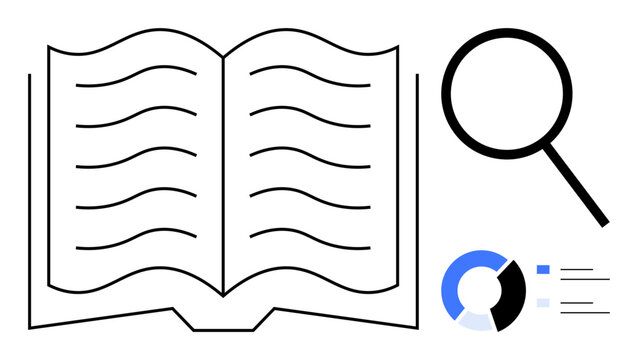 Open book with flowing lines, magnifying glass for research, data pie chart for analytics. Ideal for learning, research, education, knowledge, data study problem-solving discovery. Simple flat
