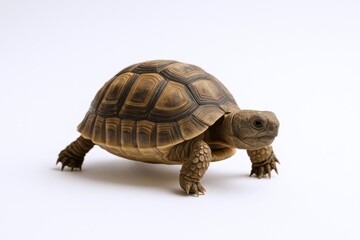 Obraz premium Isolated tortoise with patterned shell walking on white backdrop, perfect for wildlife, pet, or animal-themed designs