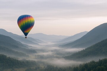 Obraz premium Colorful Hot Air Balloon Ascending Over a Misty Mountain Valley at Sunrise
