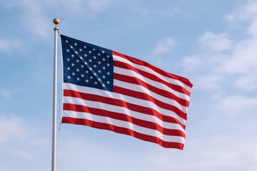 Obraz premium American flag waving proudly against a vibrant blue sky, symbolizing patriotism, freedom, and national pride