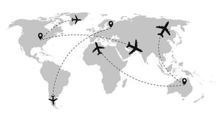World map showing aircraft flying between various destination points marked by location pins with dashed and wavy flight path lines for a global transportation concept and web designs. © Vector Jungle