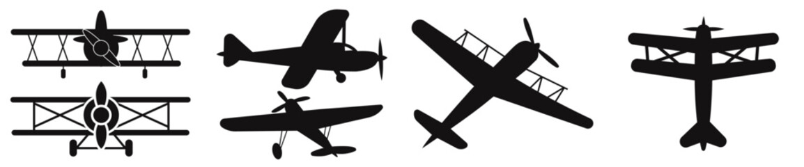 Collection of vintage propeller planes, including biplanes and monoplanes, viewed from different perspectives, for historical flight concepts, retro aviation projects, and transportation posters.