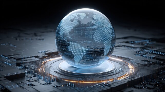 Global Technology Integration: A Digital Earth Displayed on Advanced Circuitry for Futuristic Concepts - Powered by Adobe