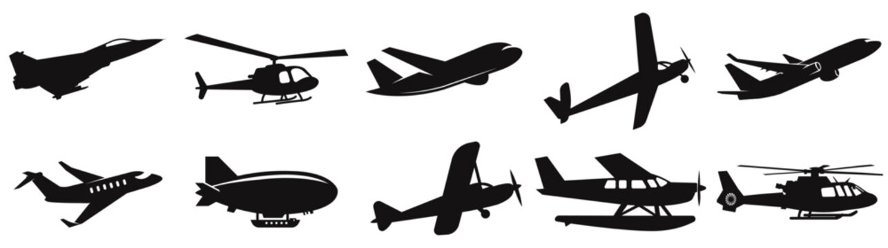 Collection of black air transport silhouettes featuring jet fighter, propeller planes, helicopter, sea floatplane, business jets, and airship blimp for aviation designs and digital media.