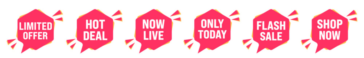 Vector collection of six different speech bubble labels, featuring promotions such as Hot Deal, Flash Sale, and Limited Offer for use in digital marketing media posts and web banner graphics.