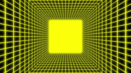 Yellow neon grid Retro 80s style animation tunnel, lighting glowing bright lines background with yellow rectangle frame at the end, visual seamless loop illusion space - Powered by Adobe