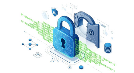 Digital Security Concept Depicting a Blue Padlock and Vault Door