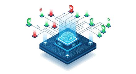 Futuristic AI Brain Connected to Network of Security Shields and Data Protection