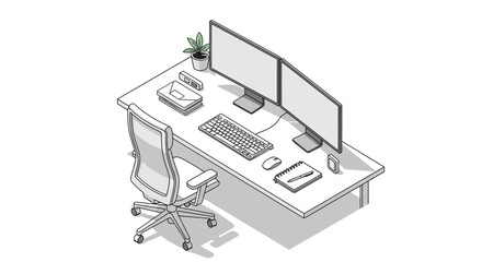 Isometric View of a Modern Office Desk with Dual Monitors