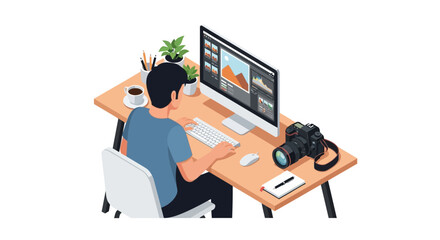 Photographer Editing Photos on Computer with Camera and Coffee Nearby