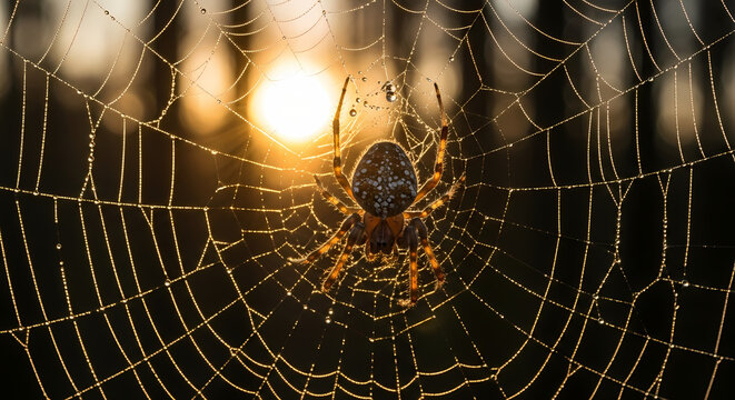 Spider in its web with the sun shining through the trees in the background. - Powered by Adobe