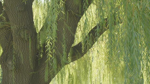 Graceful Weeping Willow Tree with Long Hanging Branches and Sunlit Green Foliage