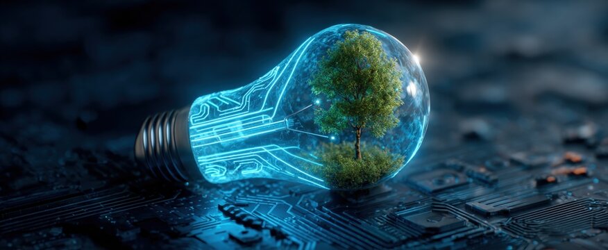 Eco-Friendly Technology Concept: Light Bulb with Tree Inside on a Circuit Board Background