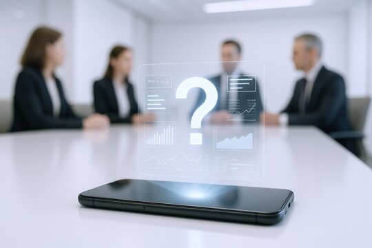Business Meeting with Question Mark Hologram: Problem Solving, Strategy, and Innovative Solutions Displayed on Smartphone