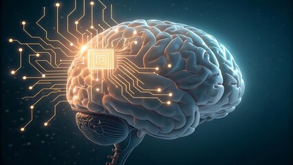 Human brain connected to a computer chip with glowing lines representing artificial intelligence
