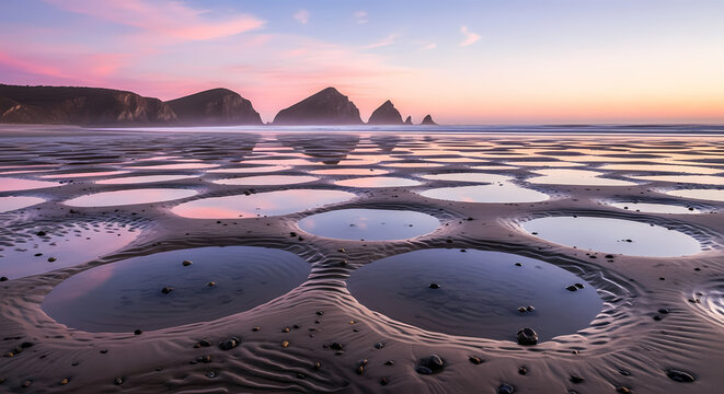 A scenic coastal landscape at dusk, featuring tide pools reflecting the sky and distant rock formations.