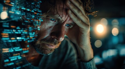 Frustrated Programmer Analyzing Complex Code Displayed on Screen, Depicting Stress and Technical Challenges