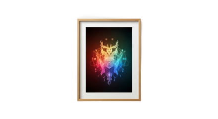 Abstract artwork in wooden frame with vibrant rainbow colors modern art concept
