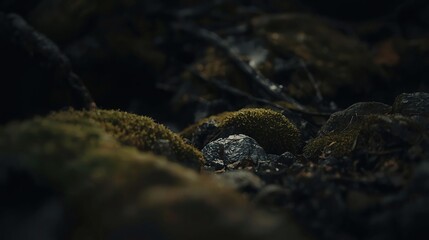 Fototapeta premium Moody Moss and Rocks in Dark Forest Light