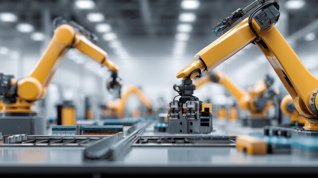 Automated Factory Production Line with Robotic Arms Assembling Product, Emphasizing Efficiency and Modern Industrial Technology - Powered by Adobe
