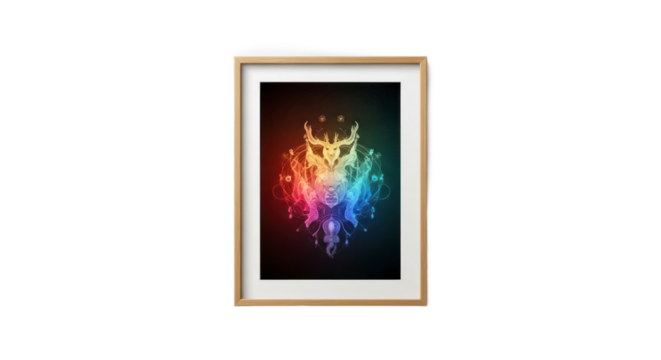 Abstract artwork in wooden frame with vibrant rainbow colors modern art concept