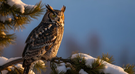 Obraz premium A majestic Great Horned Owl perched on a snow-covered pine branch, bathed in sunlight.