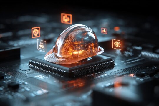 Digital Construction Safety Concept: Hard Hat on Microchip with Technology Icons for Worker Protection