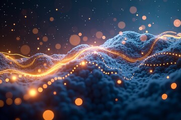 Golden light trails dance through cosmic dust, glowing orbs swirl in deep blue voidmagical, ethereal digital wonder.