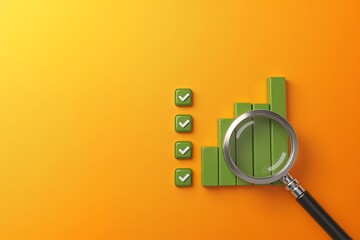 Magnifying glass examines green bar chart and checkmarks, symbolizing data analysis and successful outcomes on vibrant orange background.