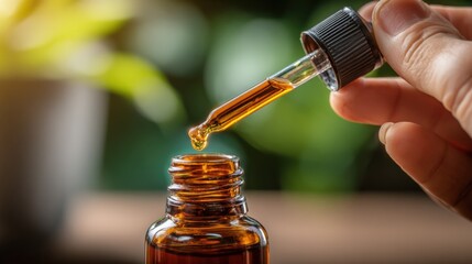 Natural Medicine: Close-up of Herbal Extract Dropper Dispensing Liquid into Amber Bottle for Wellness