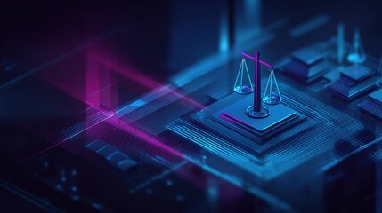 Fototapeta premium Digital Law and Justice Concept: Scales of Justice on a Computer Chip in a Neon Cyberpunk Style