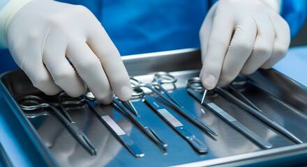 Surgical Instruments Preparation: Sterile Gloves and Tools on Tray.