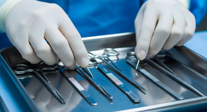 Surgical Instruments Preparation: Sterile Gloves and Tools on Tray.