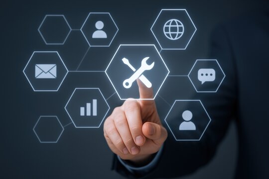 Man pointing at repair service icon on futuristic interface screen, technical support illustration