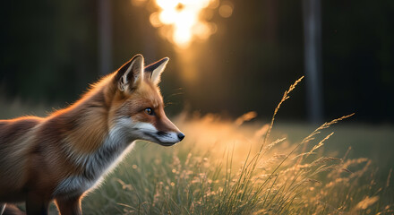 Fototapeta premium A stunning portrait of a red fox in a field, illuminated by the warm glow of the setting sun.