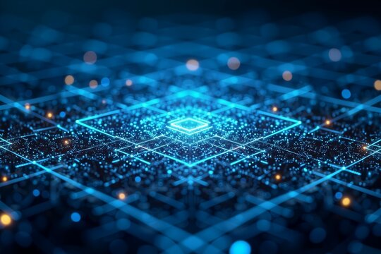 Blue digital grid converges on glowing pyramid, futuristic network of light lines against dark background.